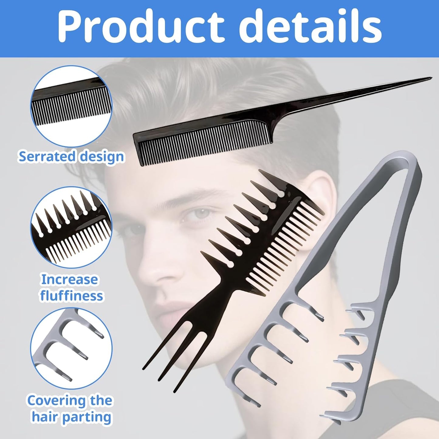 3PCS Texture Comb Set, Textured Styling Comb, Texture Comb Men Suitable for Fluffy Hairstyles, Travel-Friendly Styling Tools